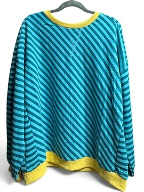 NWT UEU Oversized Striped Crewneck Sweatshirt Teal Blue Lime Yellow L